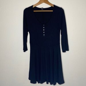 Black Knee Length Dress with 3/4 Sleeves & Buttons